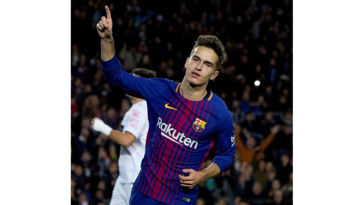Denis Suárez celebra el cuarto gol del Barcelona ante el Murcia. FONTCUBERTA