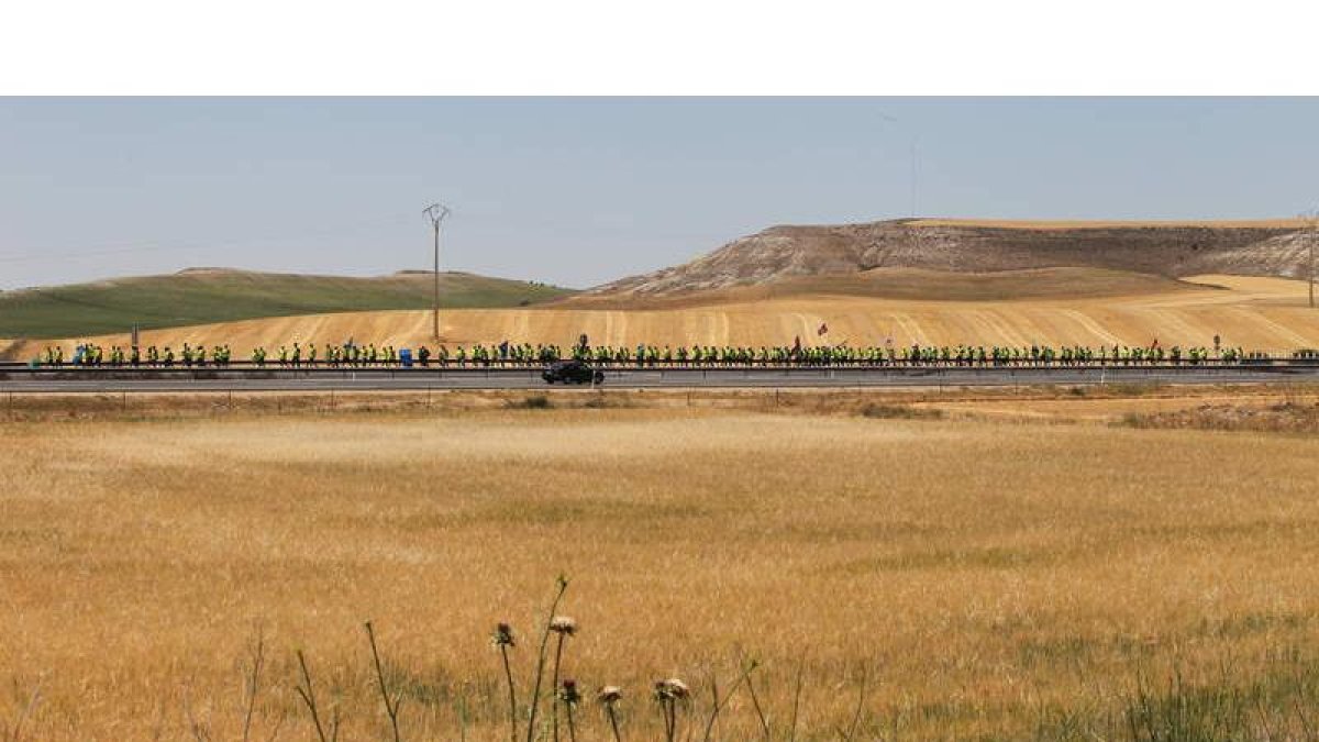 Los campos de Castilla se agostan mientras los mineros surcan su inmensidad antes de alcanzar Madrid. Ayer, en el tramo hacia Mota del Marqués.