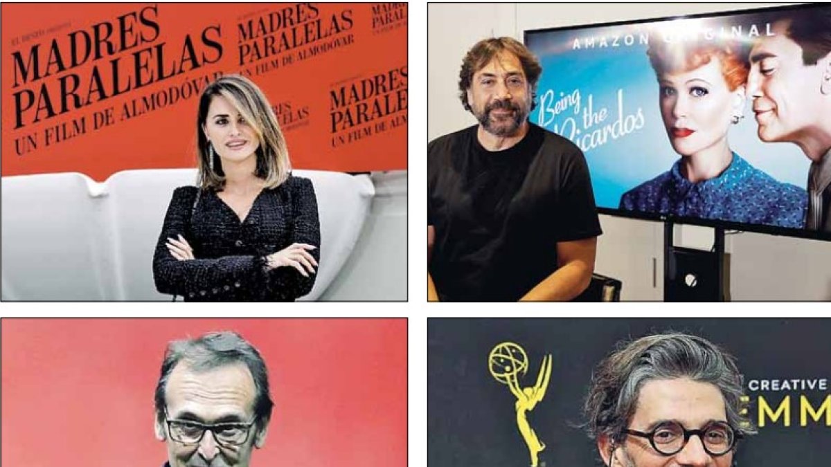 De izquierda a derecha y de arriba abajo, Penélope Cruz, Bardem, Alberto Iglesias y Alberto Mielgo. NARANJO / LIZÓN / CEBOLLADA / EFE