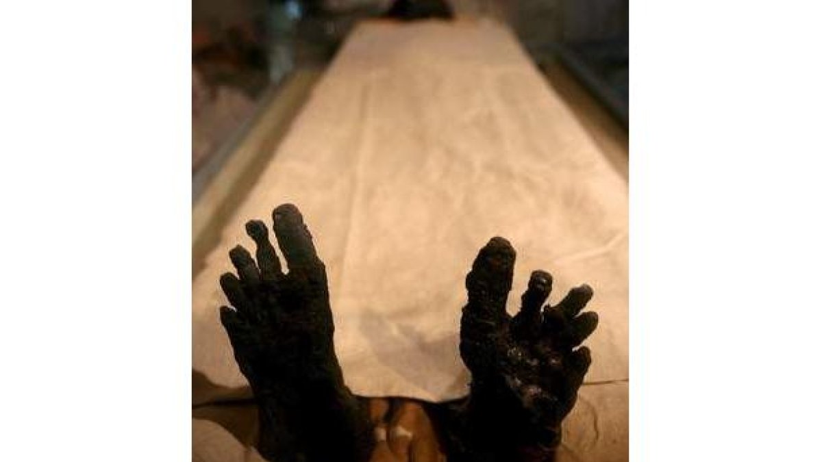Los pies de Tutankamón sobresalen del lienzo que cubre su cuerpo momificado.