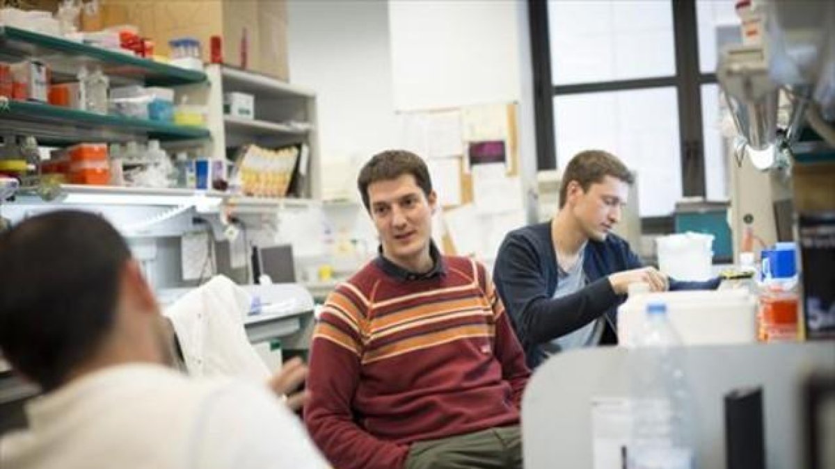 Roger Gomis, en el centro, investigador del IRB Barcelona.