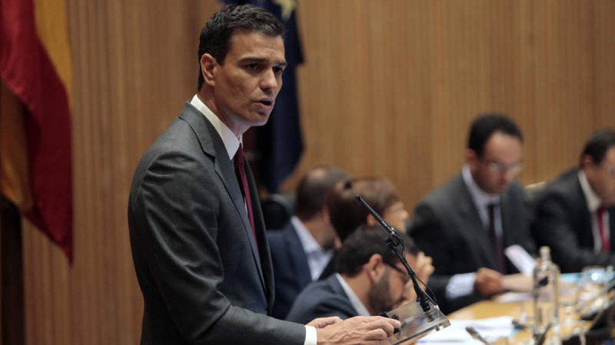 El secretario general del PSOE, Pedro Sánchez, se dirige a sus compañeros parlamentarios.