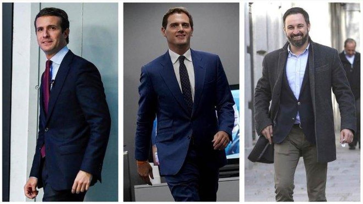 Pablo Casado, Albert Rivera y Santiago Abascal.