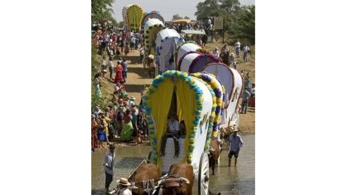 Las carretas de la Hermandad de Gine vadean el río Quema camino del Rocío