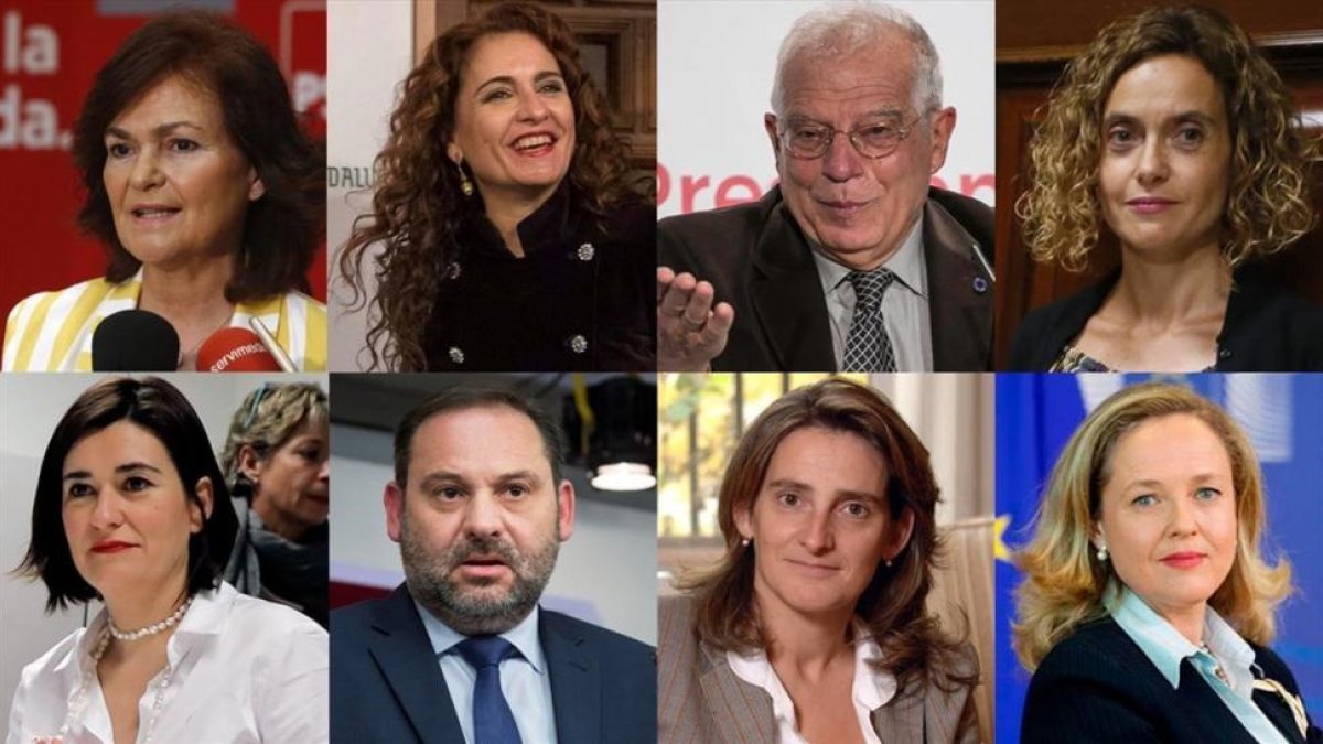 Ocho de los nuevos ministros del Gobierno de Pedro Sánchez. De izquierda a derecha y de arriba a abajo: Carmen Calvo, Josep Borrell, María Jesús Montero, José Luis Ábalos, Meritxell Batet y Teresa Ribera.