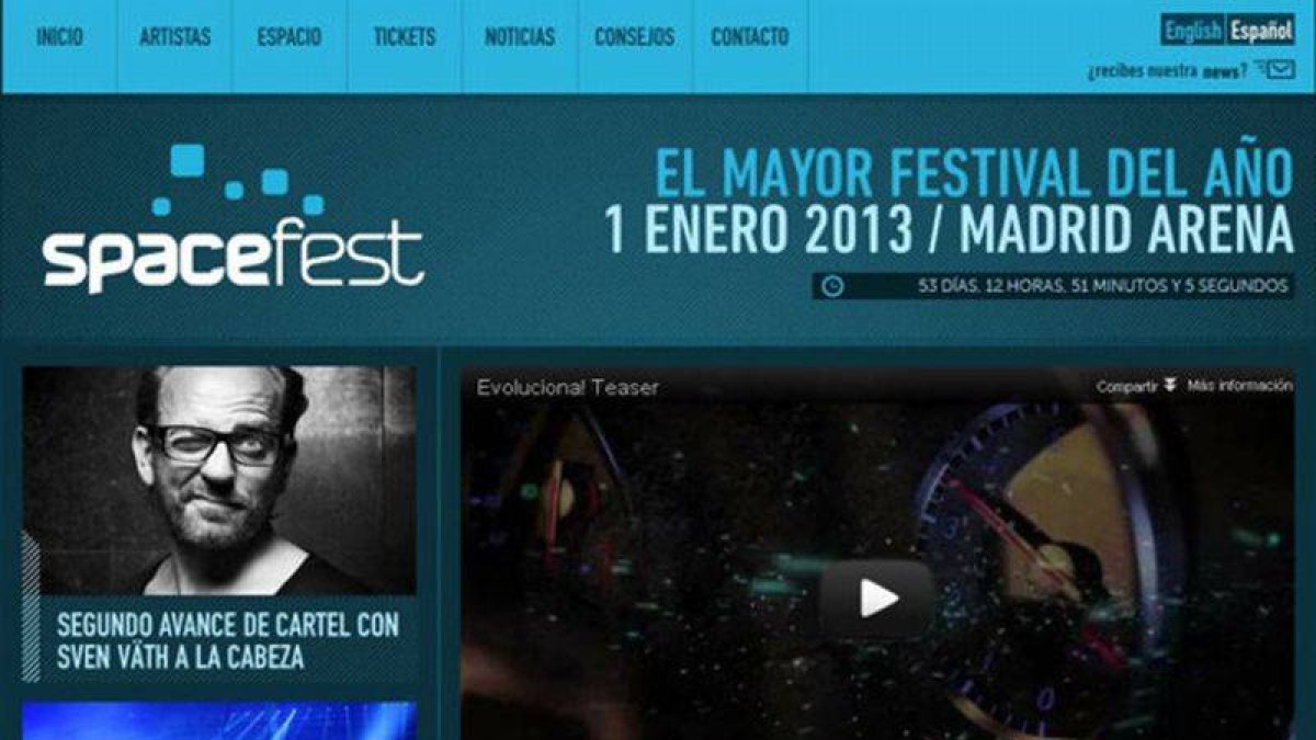 Web de la macrofiesta en el Madrid Arena para Año Nuevo.