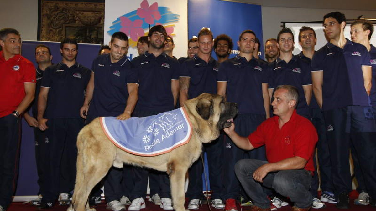 La plantilla posa en el acto de presentación con su nueva mascota, el mastín leonés Caimán, que pronto cambiará de nombre.