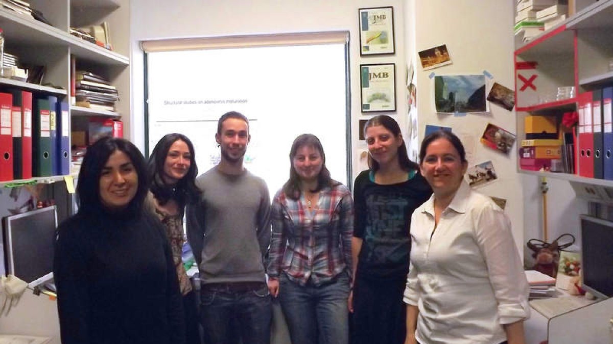 El equipo de Carmen San Martín (primera por la derecha) , en el laboratorio del CSIC .