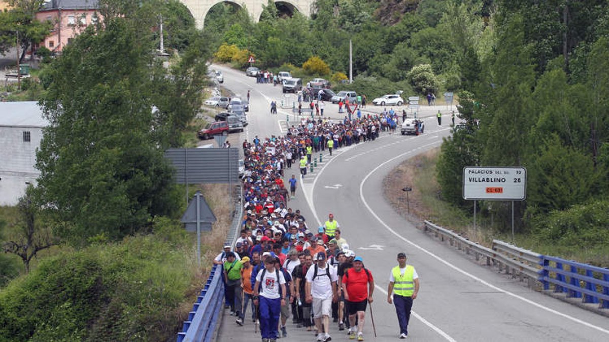 La marcha procedente de Cerredo se une en Hospital del Sil al grupo procedente de Villablino a las 13.15 horas, ocupando un carril de la C-631.