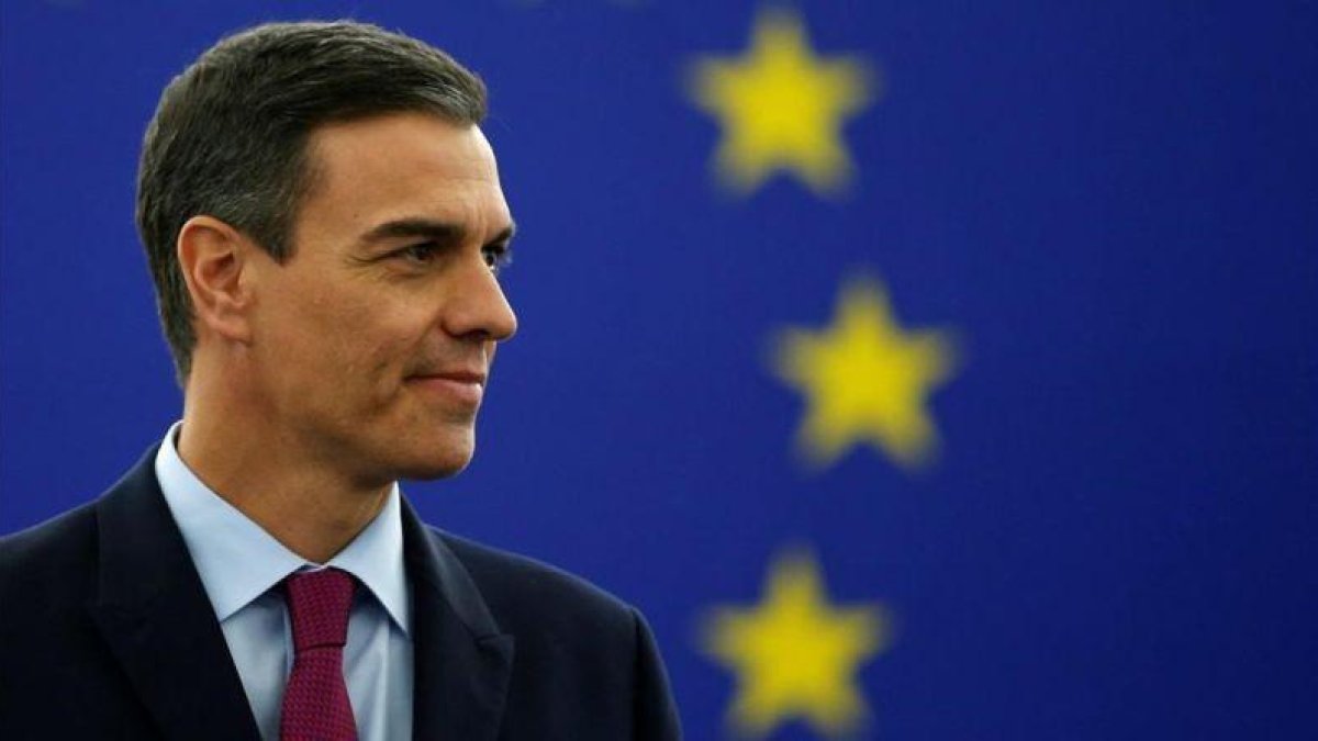 El presidente del Gobierno, Pedro Sánchez, durante su intervención en el Parlamento Europeo.