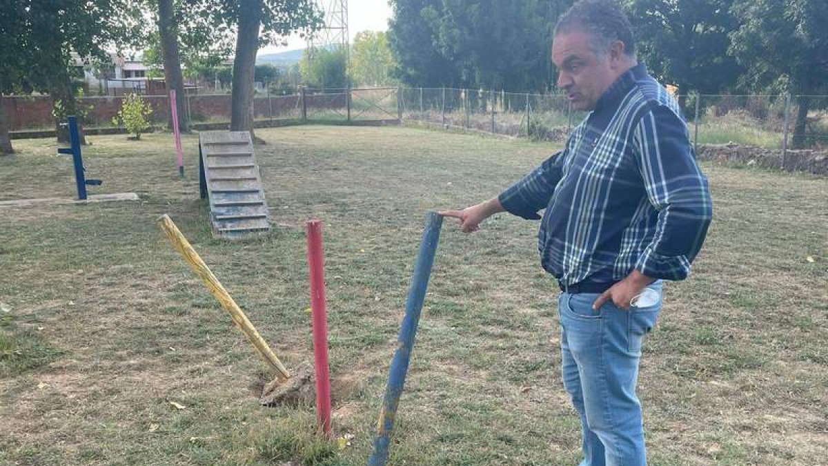 Nieto junto a uno de los juguetes para perros destrozado. DL