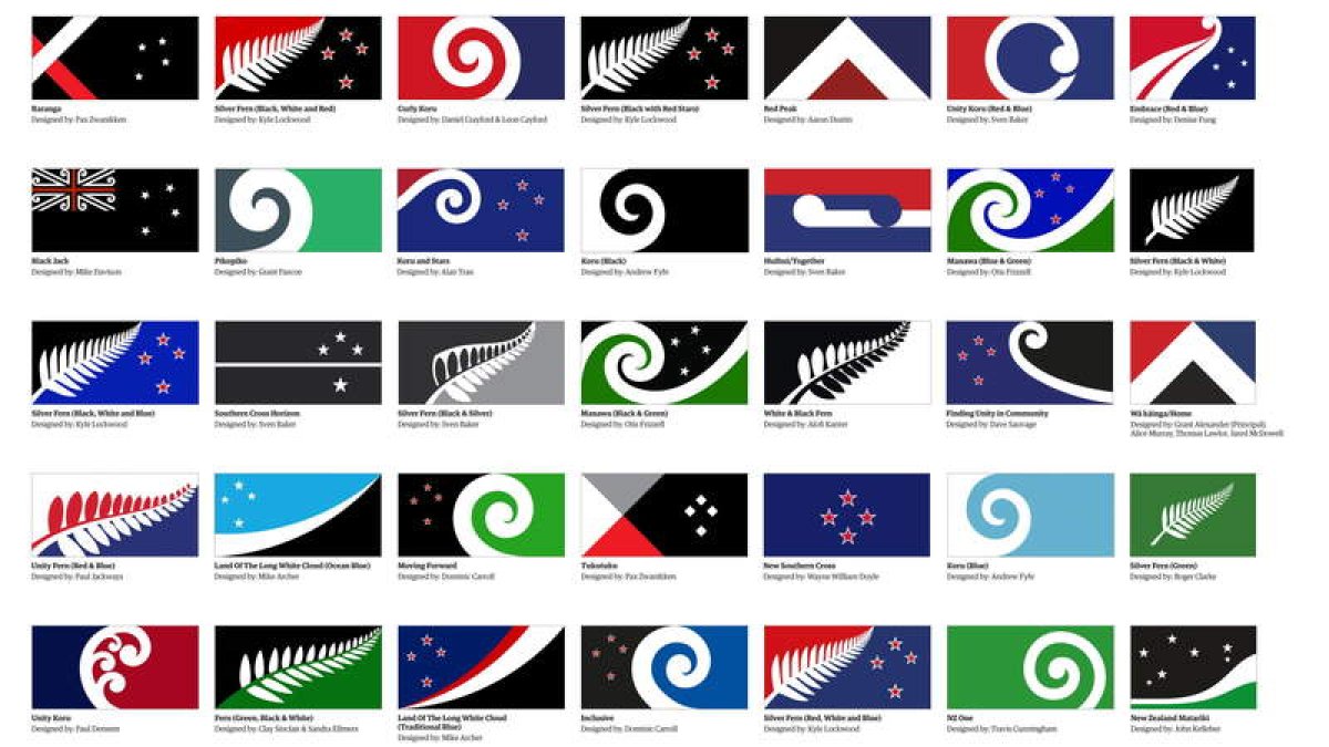 Los 40 nuevos diseños para la bandera de Nueva Zelanda, de una lista oficial después de recibir 10.292 propuestas.