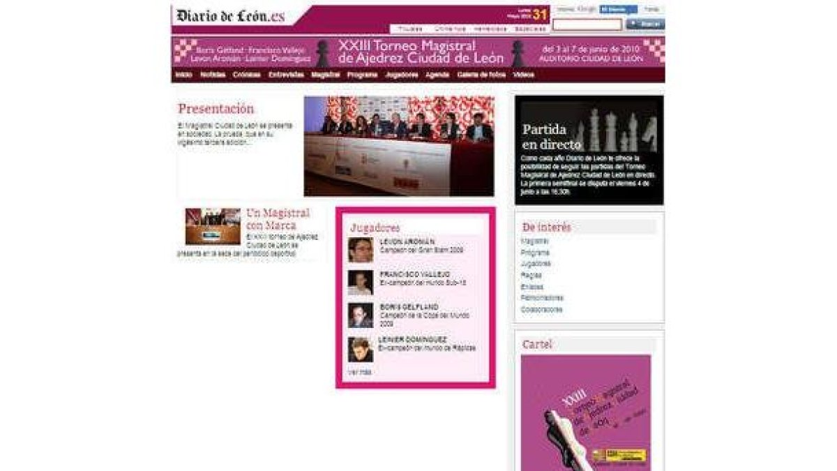 Página web del Diario sobre el Magistral de Ajedrez. Hoy, Miguel Illescas impartirá una clase magist