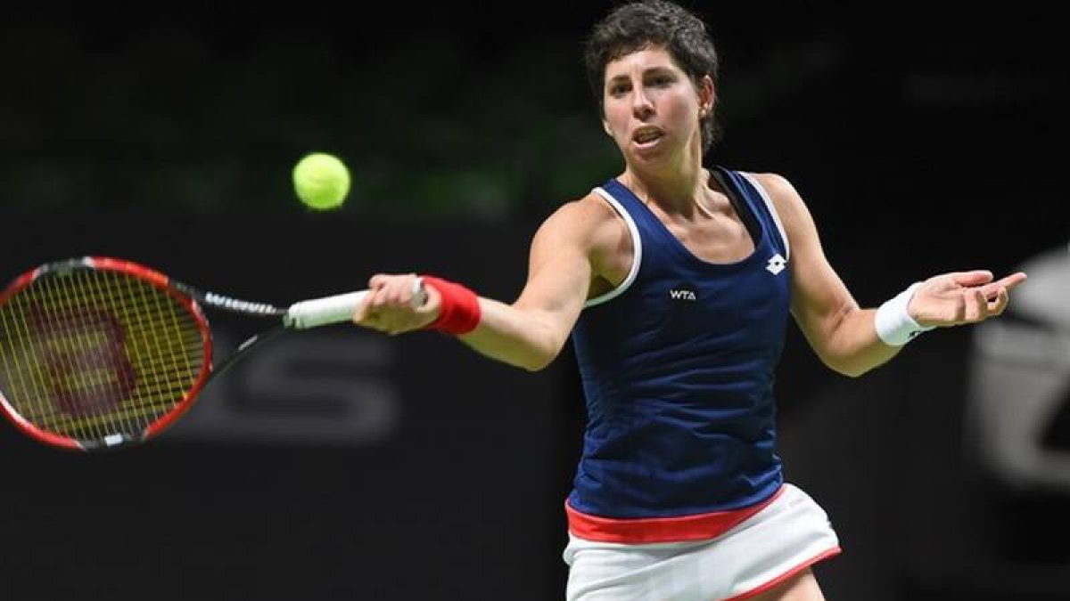 La tenista española Carla Suarez Navarro durante un partido de cuartos de final en Amberes