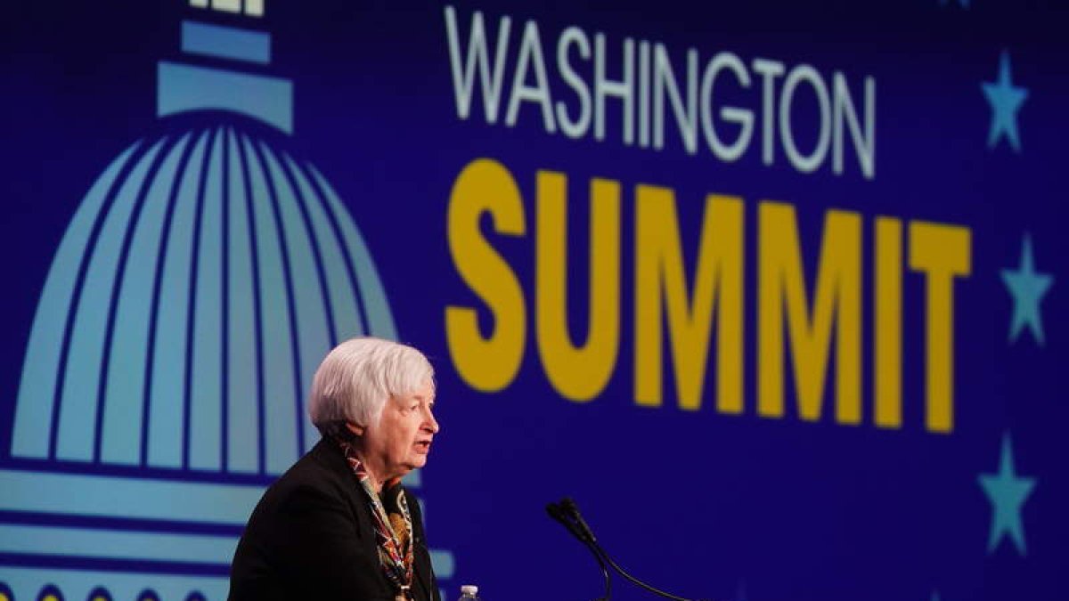 La secretaria del Tesoro de EE UU, Janet Yellen, ayer en la Asociación de Banqueros en Washington. WILL OLIVER