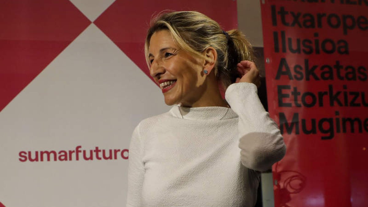 Yolanda Díaz, ayer, en la presentación de Sumar en Pamplona. VILLAR LÓPEZ