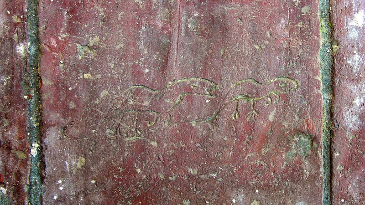Los dos lagartos o dinosaurios localizados en la parte superior del claustro de la Catedral, en una baldosa del suelo. J. L. PUENTE
