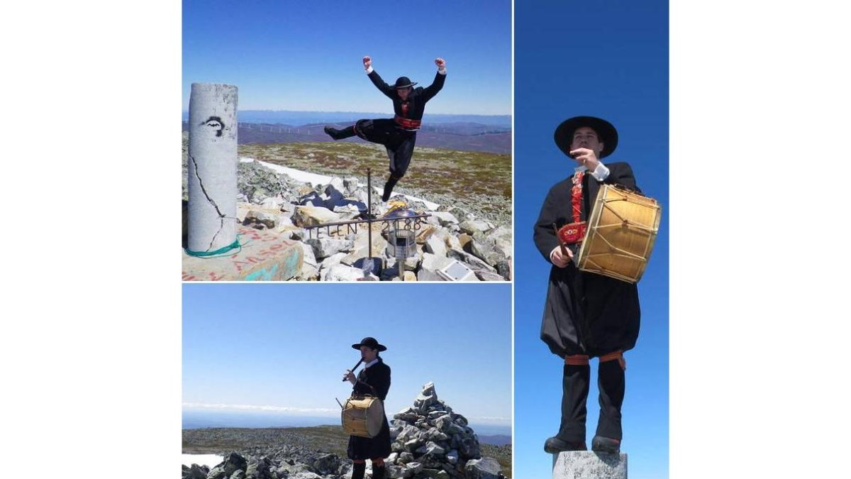A la derecha, David Andrés, ataviado con la indumentaria tradicional maragata, tocando chifla y tamborín en la cima del Teleno. Y arriba, ejecutando la clásica ‘zapateta’ y transitando por las laderas del emblemático monte leonés.