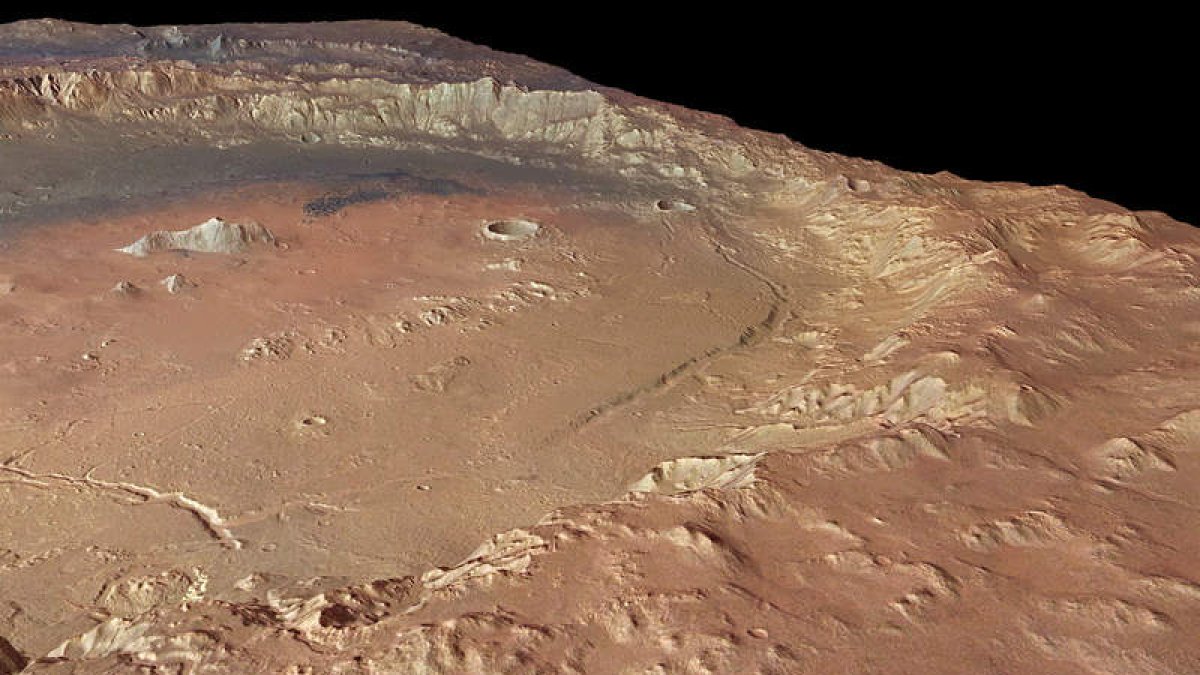 Un cráter en las tierras altas del sur de Marte que fue el lecho de un gran lago.