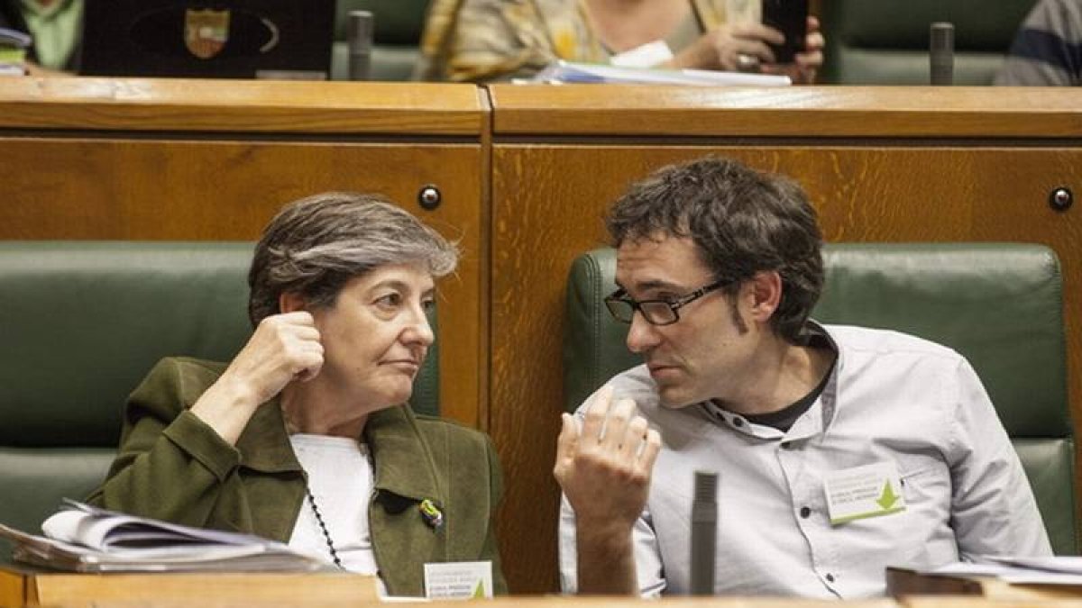 Los parlamentarios de EH Bildu Laura Mintegi y Julen Arzuaga, el pasado 29 de mayo, en el Parlamento vasco.