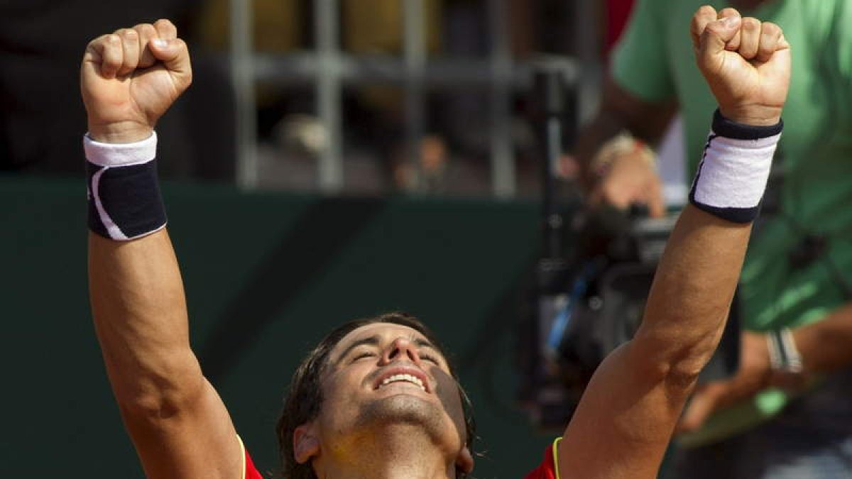 David Ferrer celebra con los brazos en alto el triunfo frente a Isner que sellaba el pase a la final de la Copa Davis para España.