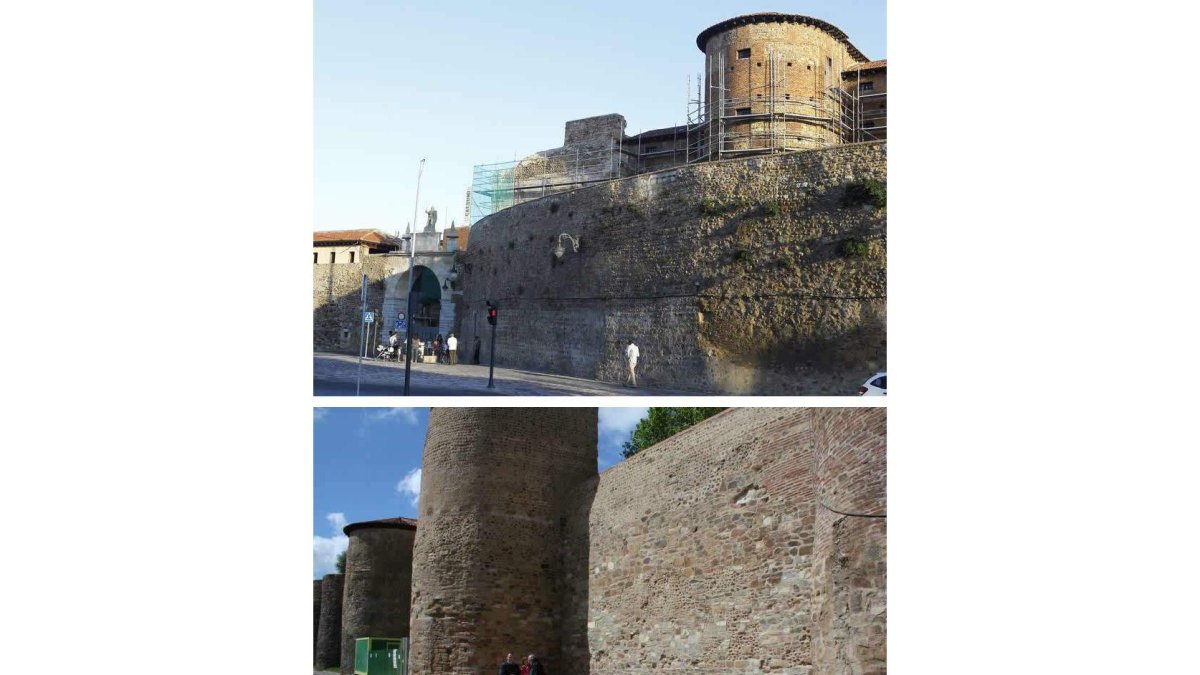 Arriba, el torreón del Archivo Histórico que acaba de recibir una subvención del Gobierno. Abajo, los cubos que va a rehabilitar el Ayuntamiento.
