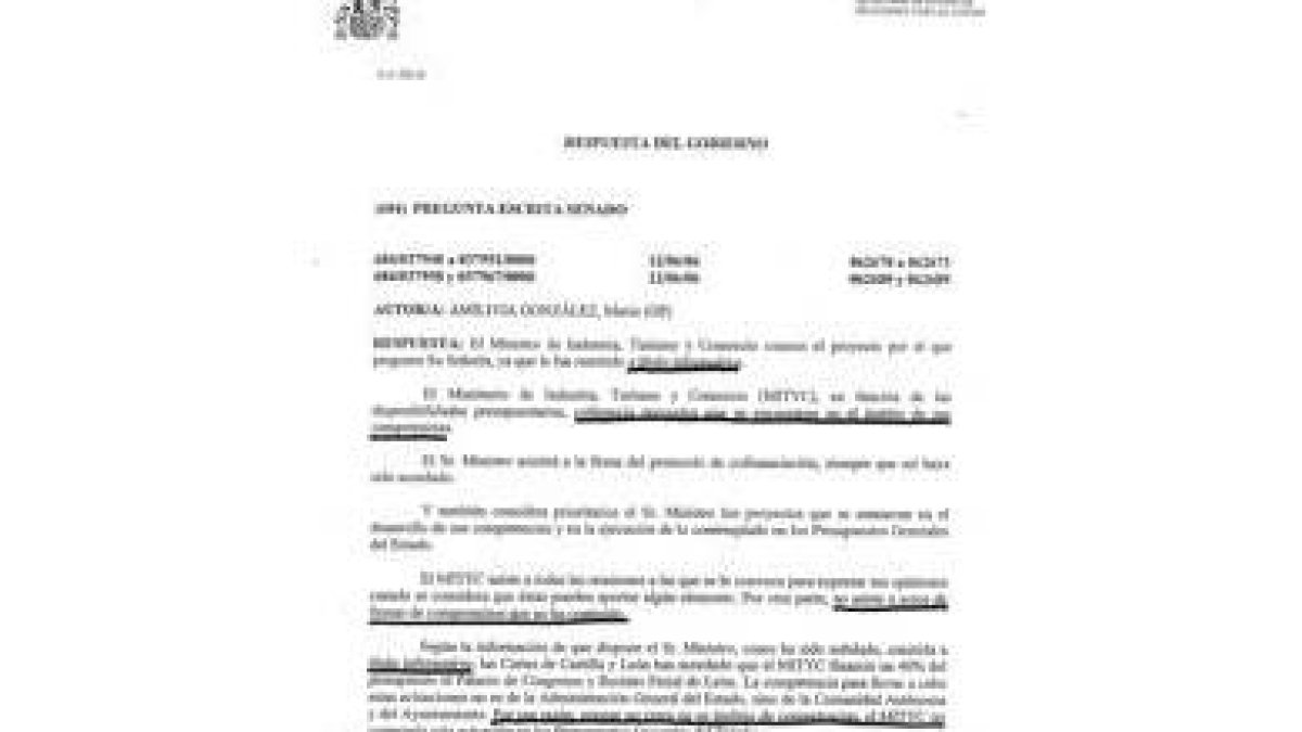 Copia de la carta remitida por Industria al senador Amilivia sobre el palacio de congresos
