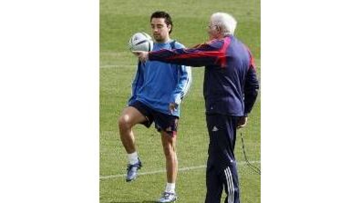 Luis Aragonés dirigiendo el entrenamiento de ayer de la selección