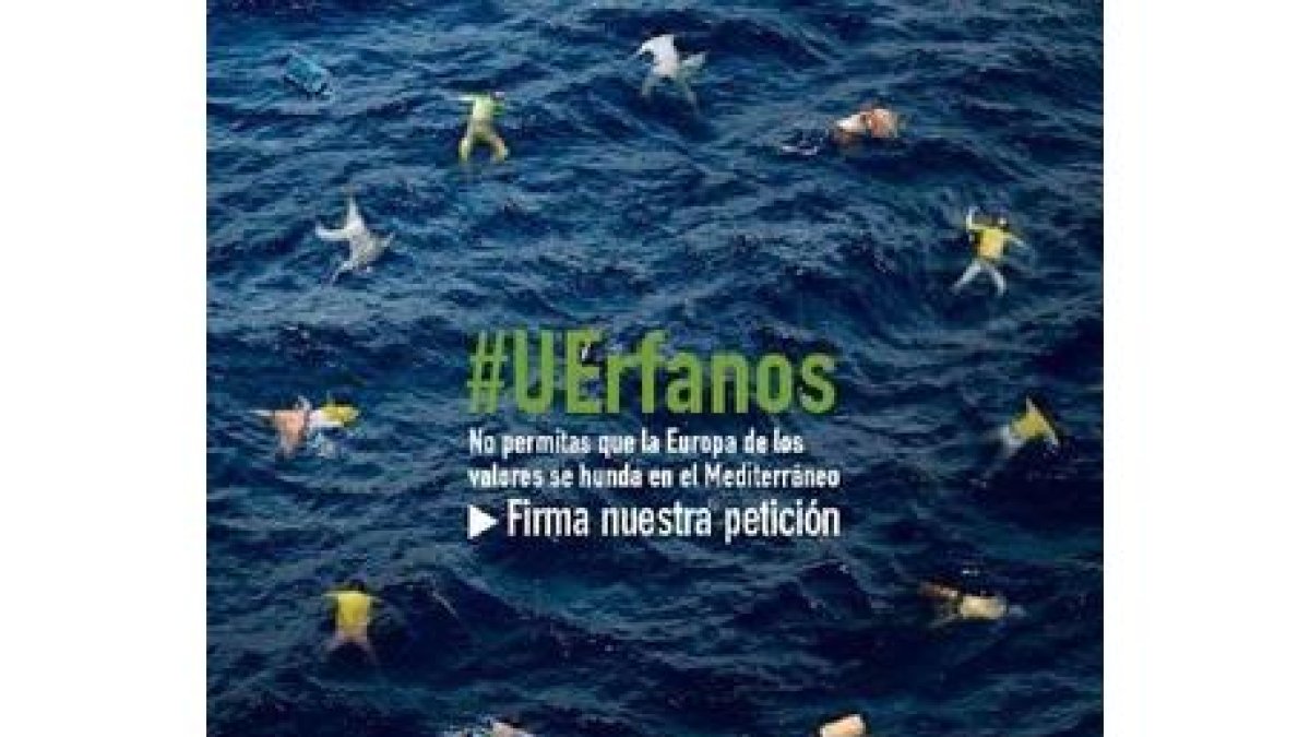 Imagen de la campaña #UErfanos en que las estrellas de la bandera de la UE son reemplazadas por inmigrantes ahogados.