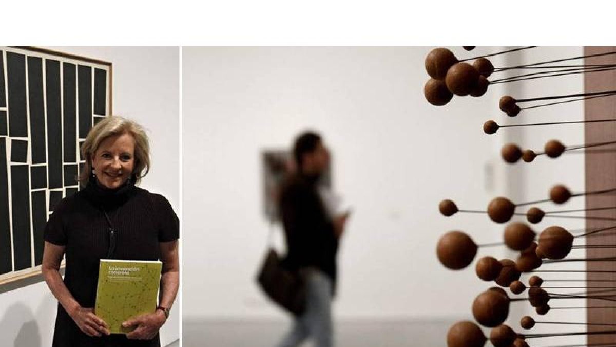 Una persona observa la obra ‘Proyecto para un muro exterior’ de Carlos Cruz-Díez. A lado, Patricia Phelps de Cisneros.