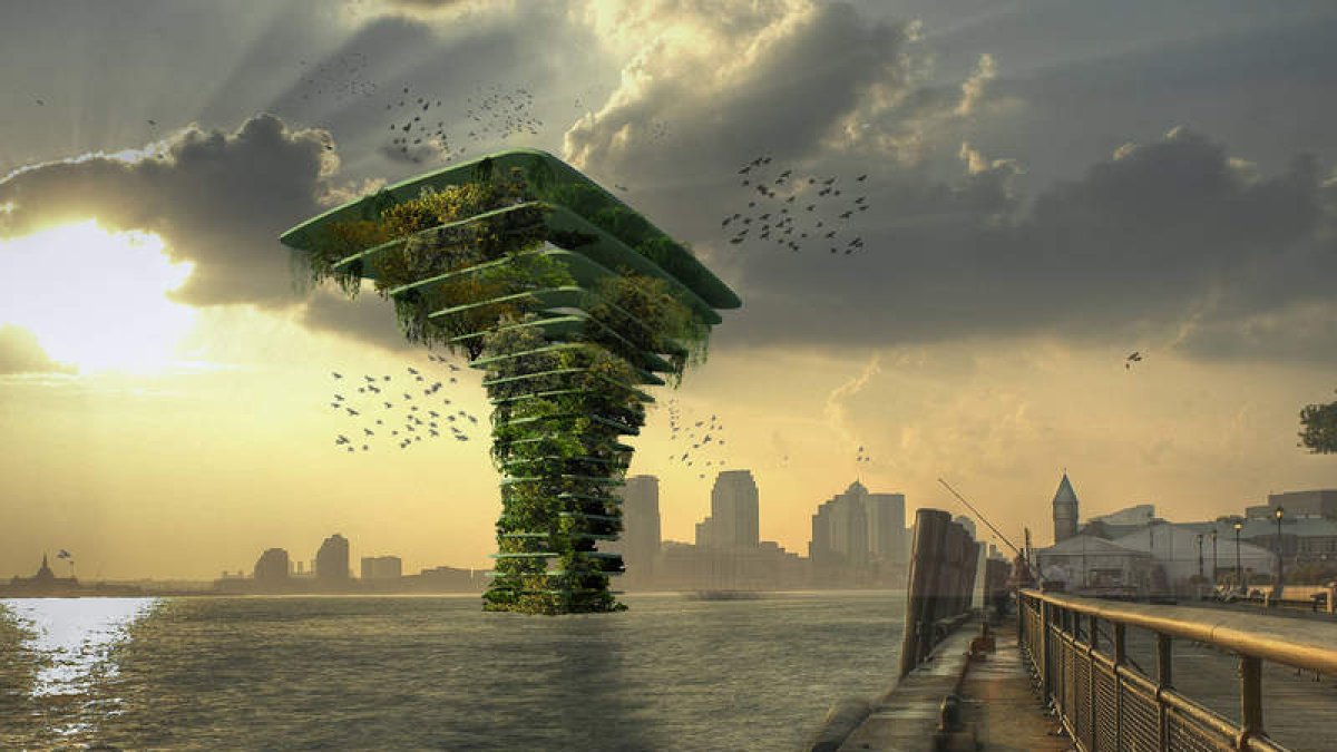 Una estructura vegetal flotante muy cercana a los altos edificios de una gran ciudad.