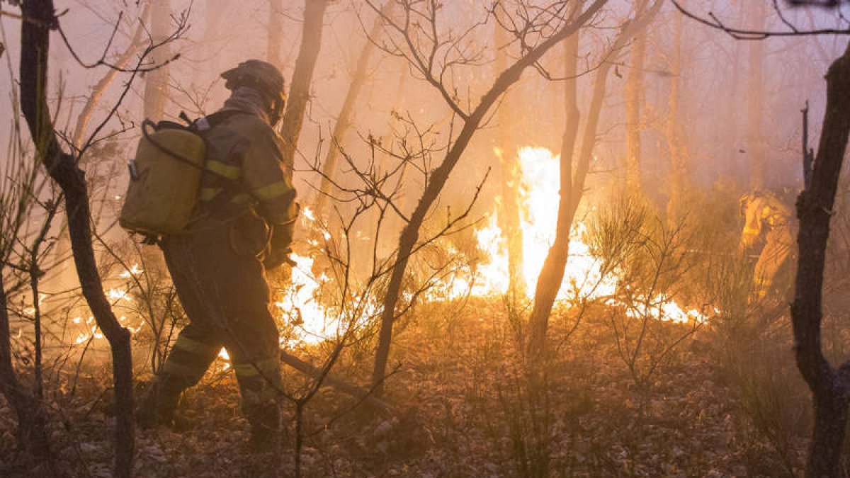 Un brigadista combate uno de los incendios en la provincia. FERNANDO OTERO