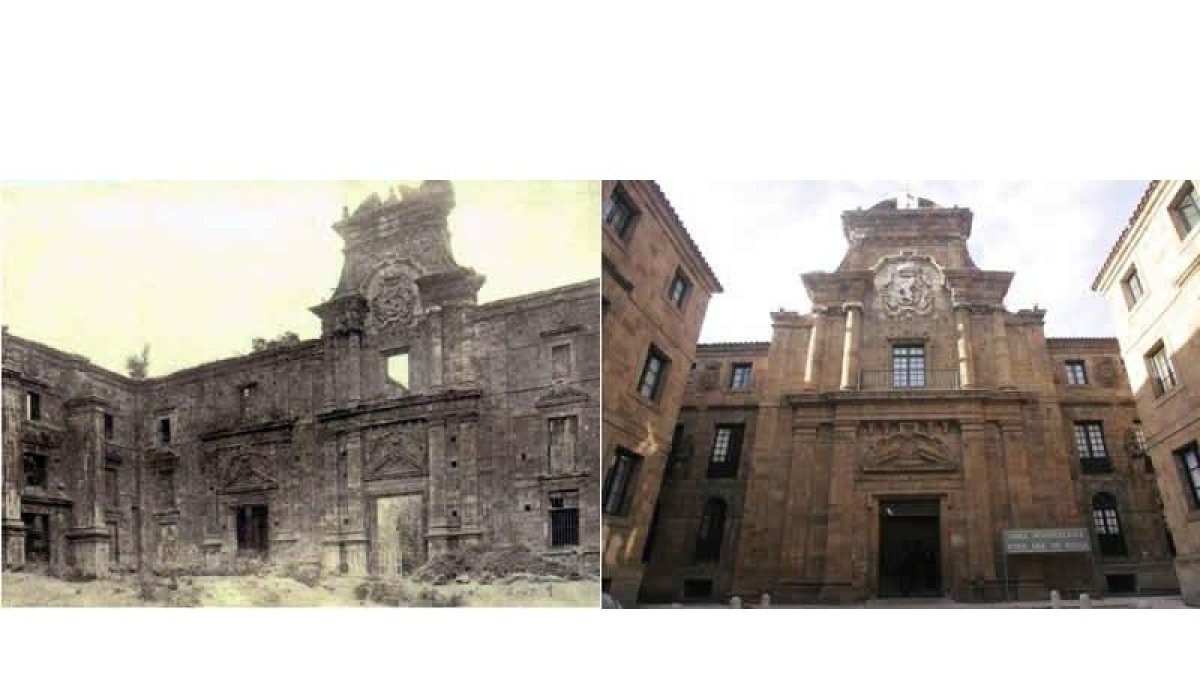 El desaparecido palacio de los marqueses de Prado en Renedo de Valdetuéjar. A la derecha, la reconstrucción de parte del edificio en el hospital de Regla.