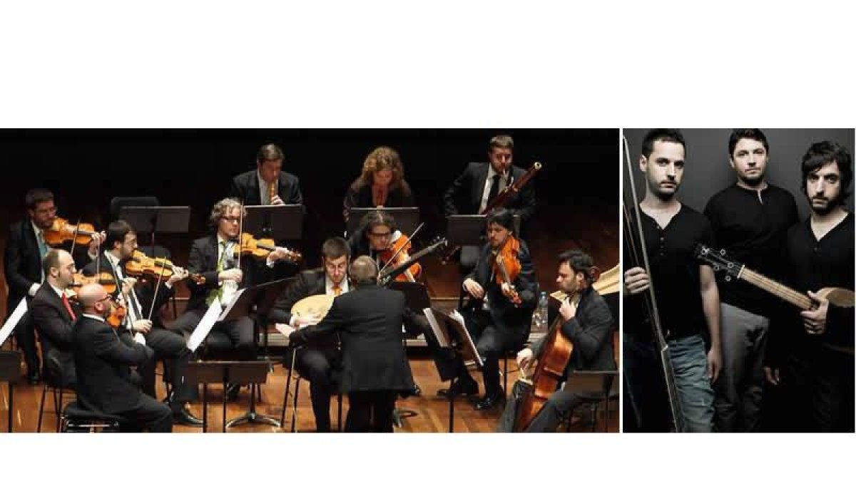 Imagen de Los Músicos de su Alteza, en un concierto en el Auditorio Ciudad de León; y los tres jóvenes intérpretes que integran Forma Antiqua.