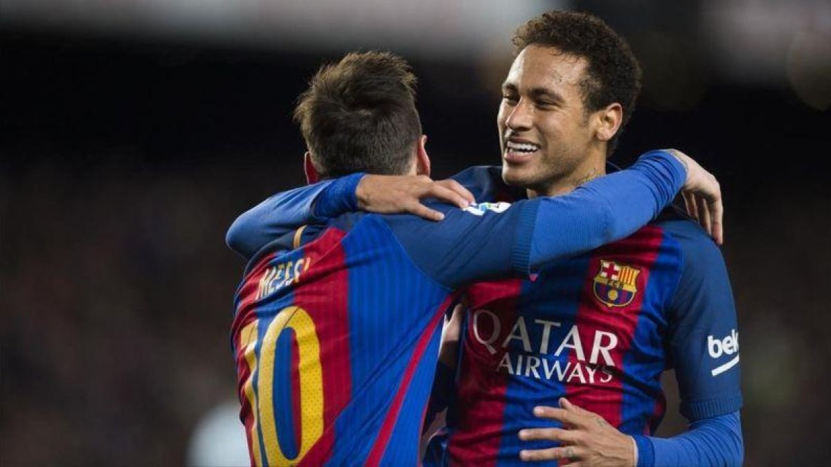 Messi y Neymar celebrando el primer gol del argentino al Celta en el Camp Nou.