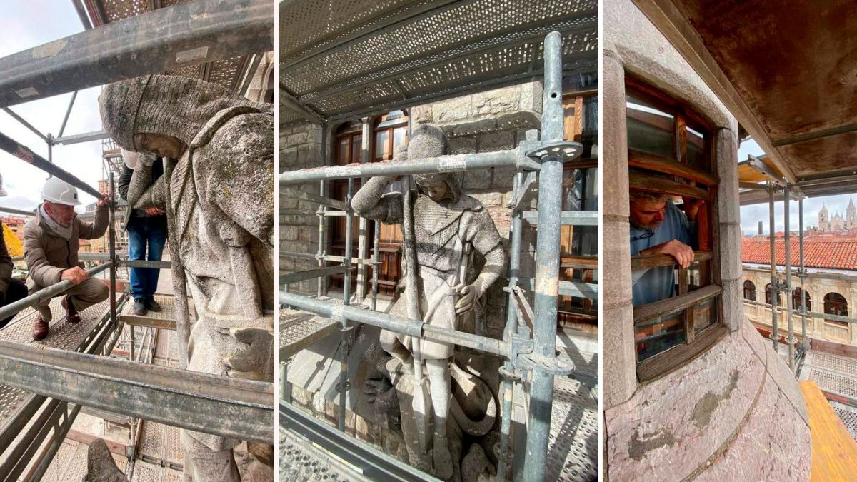 Imágenes de la restauración exterior de Botines, con san Jorge como protagonista. Los trabajos han empezado por la carpintería. MUSEO BOTINES