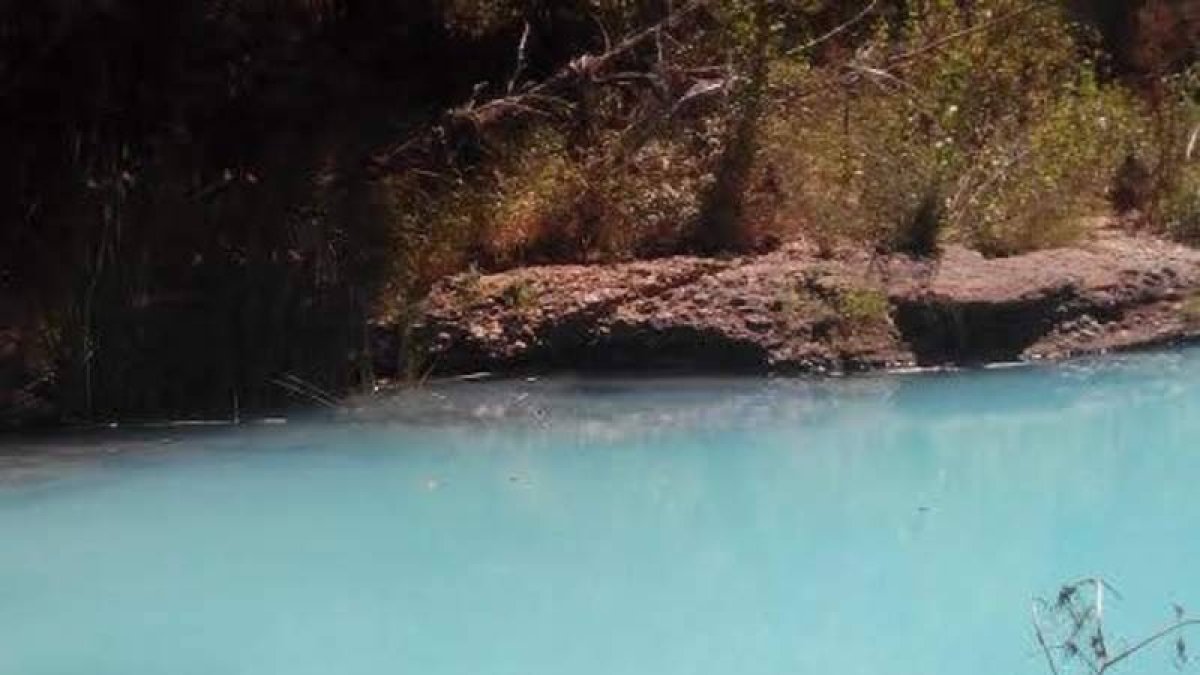 Aspecto azulado que presentaban las aguas de un tramo del río Torío el pasado martes al mediodía.