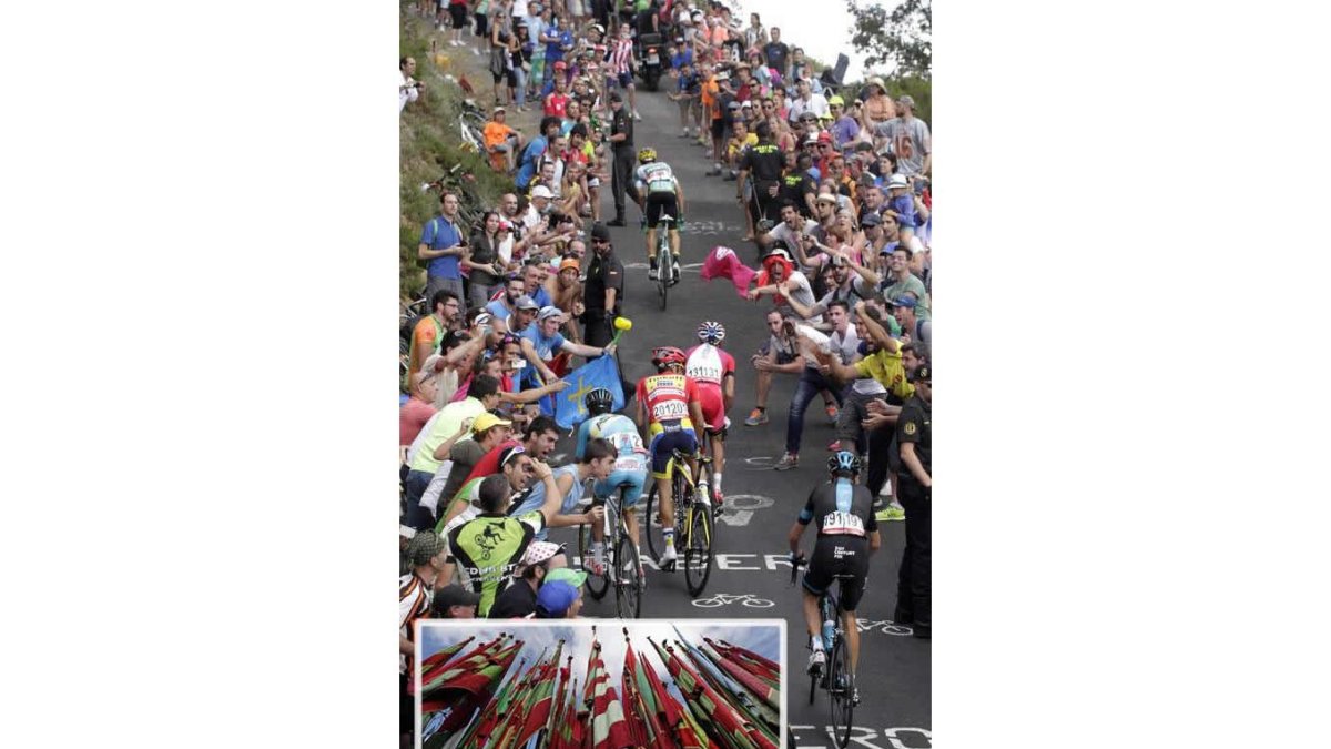 La subida a La Camperona contará con otros protagonistas además de los ciclistas y los miles de aficionados que no se perderán un acontecimiento único. El color lo darán también los pendones ubicados en el tramo final.