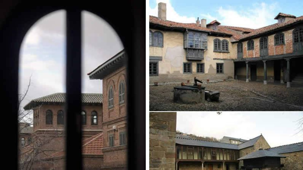 A la izquierda, Residencia de Estudiantes. A la derecha, el patio de la casa de Sierra Pambley en Hospital y el patio de la cas de Sierra Pambley en Villablino.