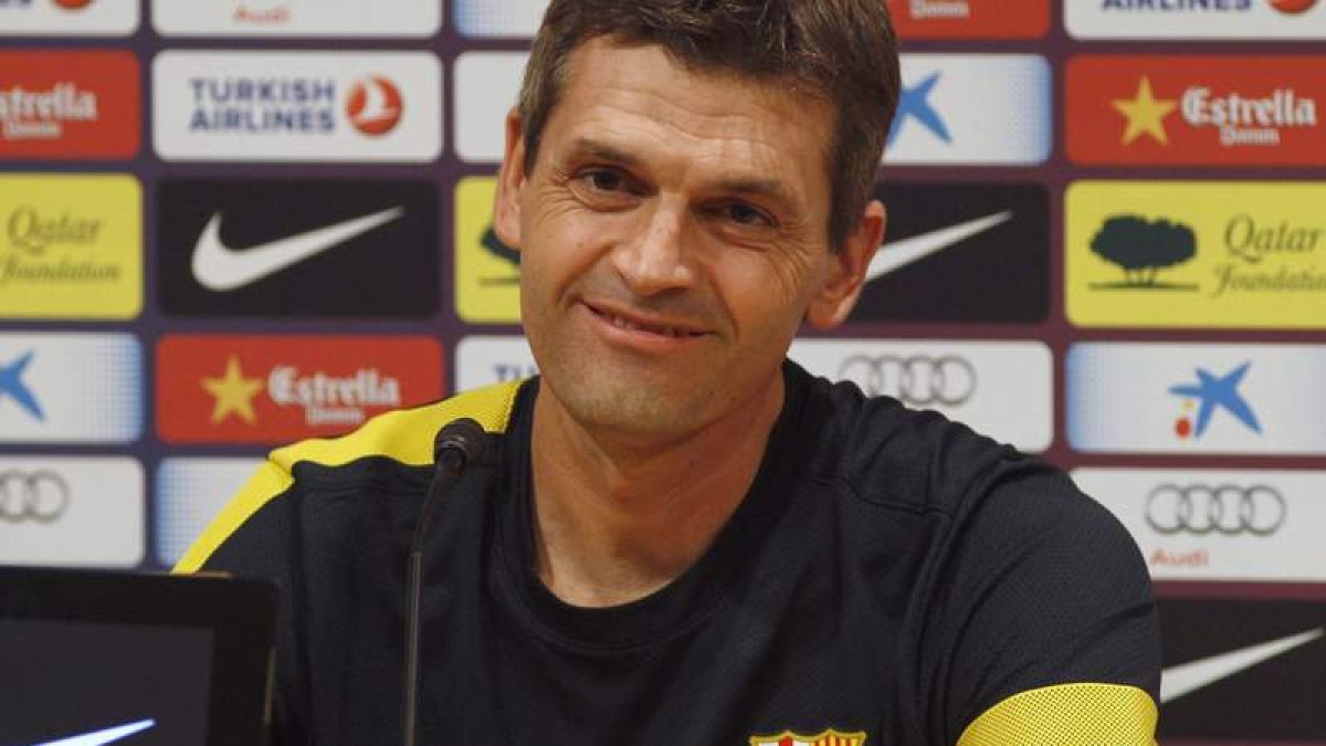 El entrenador del Barça, Tito Vilanova, durante la rueda de prensa .