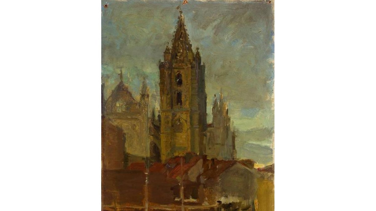 Fragmento del óleo en el que Joaquín Sorolla retrató la Catedral leonesa. SUBASTAS ALCALÁ