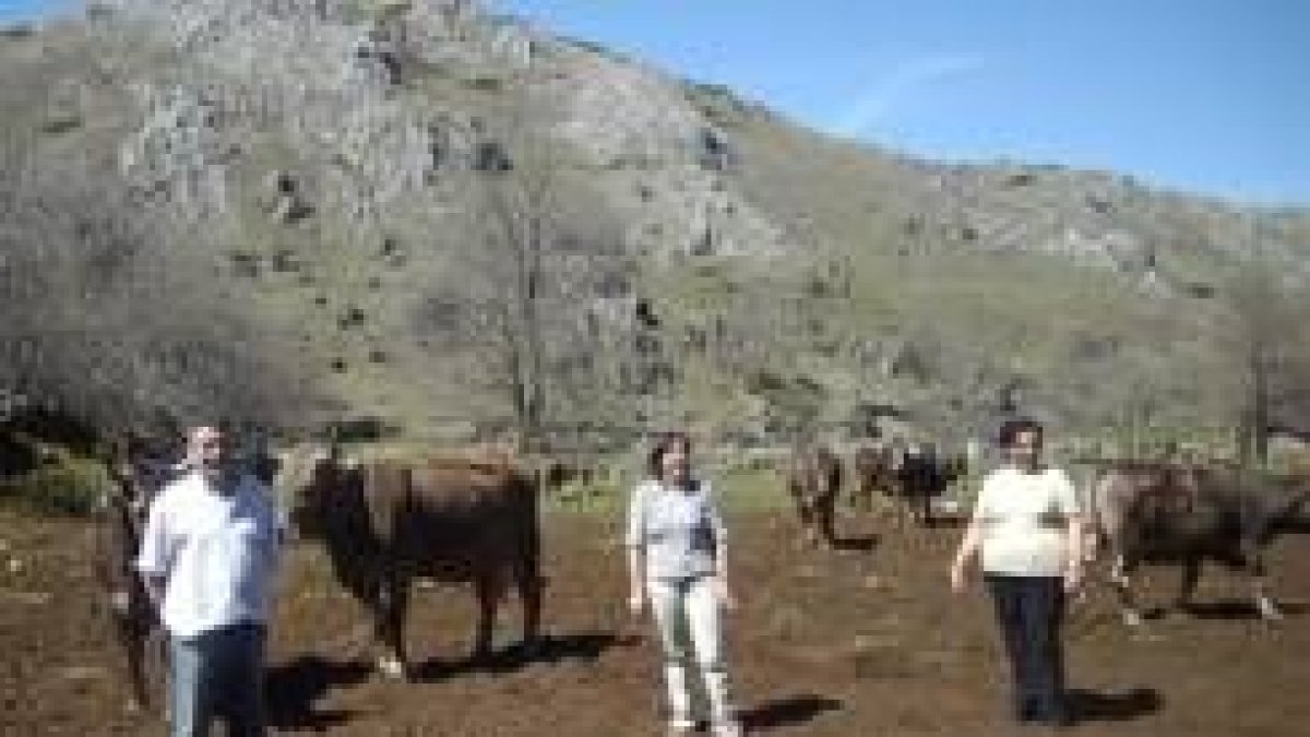 Las ganaderas Paquita Alonso e Ita Hidalgo, junto al marido de ésta, Antonio Rodríguez, en Truébano
