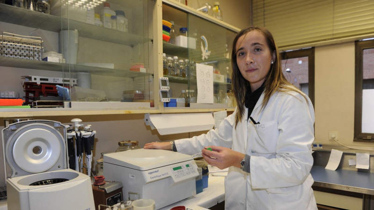 La leonesa Almudena Fernández Villadangos, en el laboratorio de microbiología de la Universidad de León.