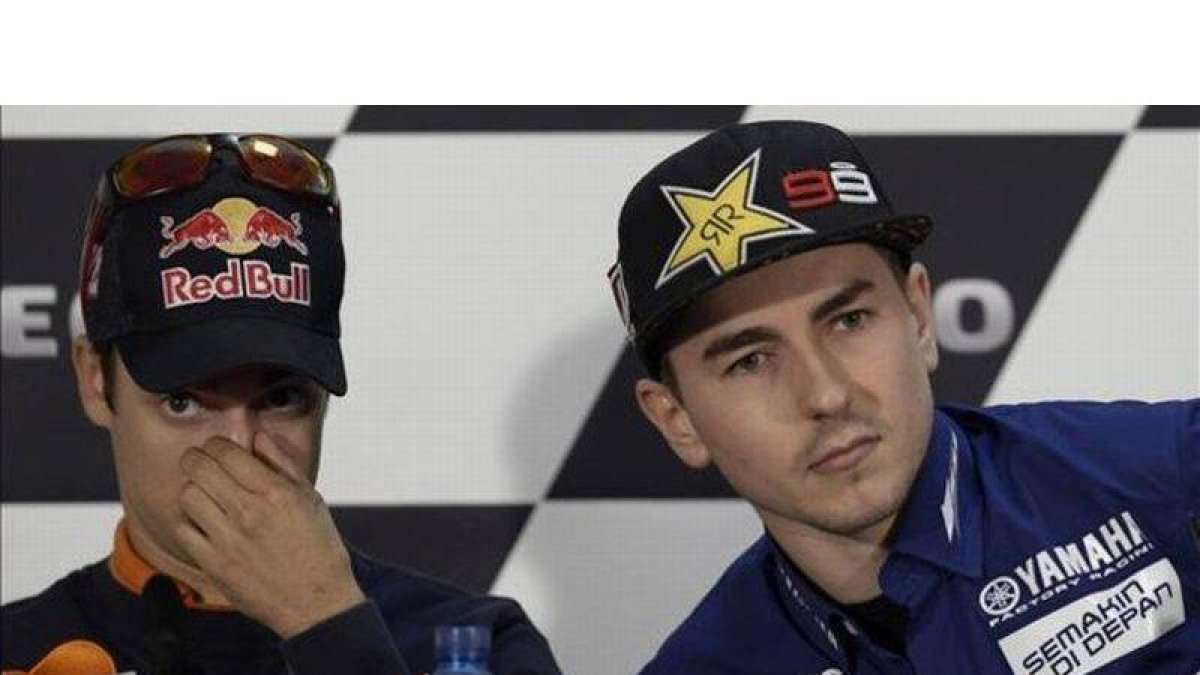 Pedrosa y Lorenzo en la rueda de prensa que ofrecieron en Alcañiz. Manu Fernández |