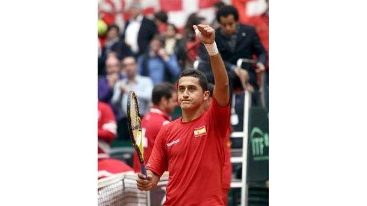 David Ferrer celebra un punto durante su partido contra el suizo Wawrinka.