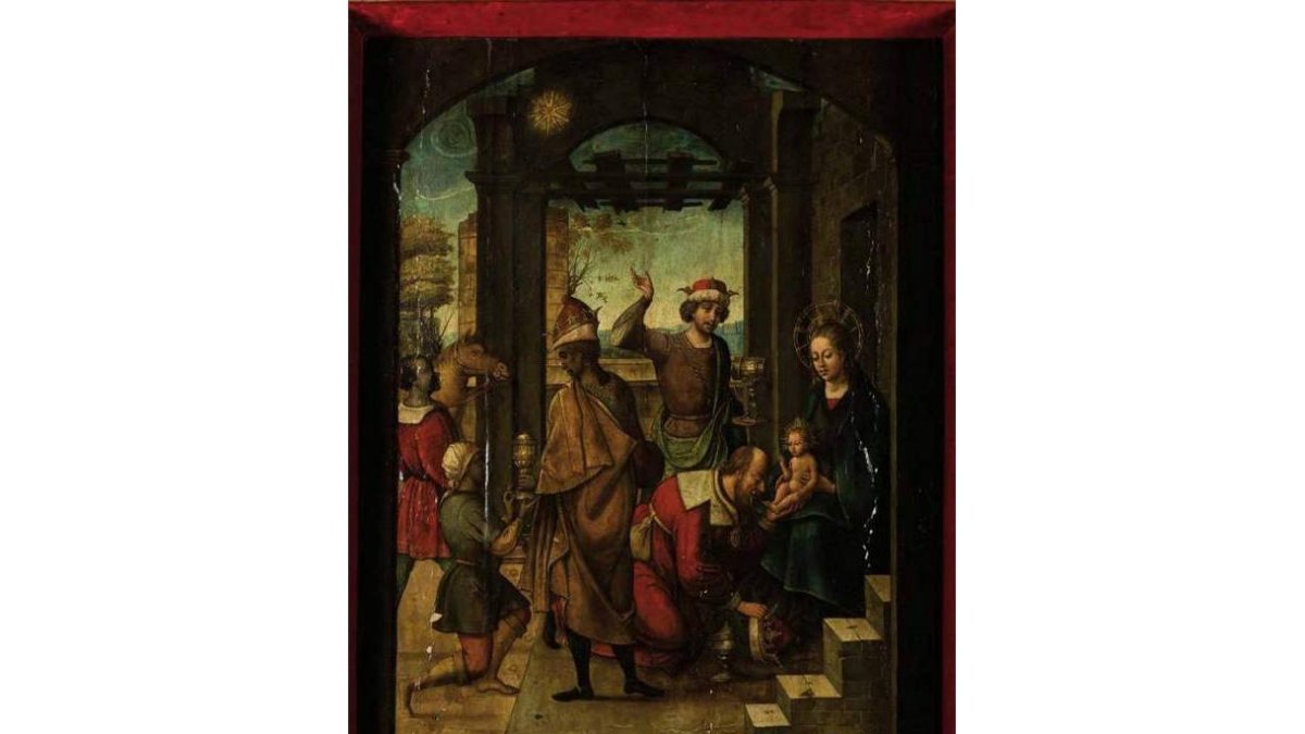 Izquierda, talla de Santa Catalina que subastó Balclis; arriba, ‘La adoración de los Reyes magos’, del Maestro de Astorga; debajo, ‘Fausto’, de Eduardo Arroyo. DL