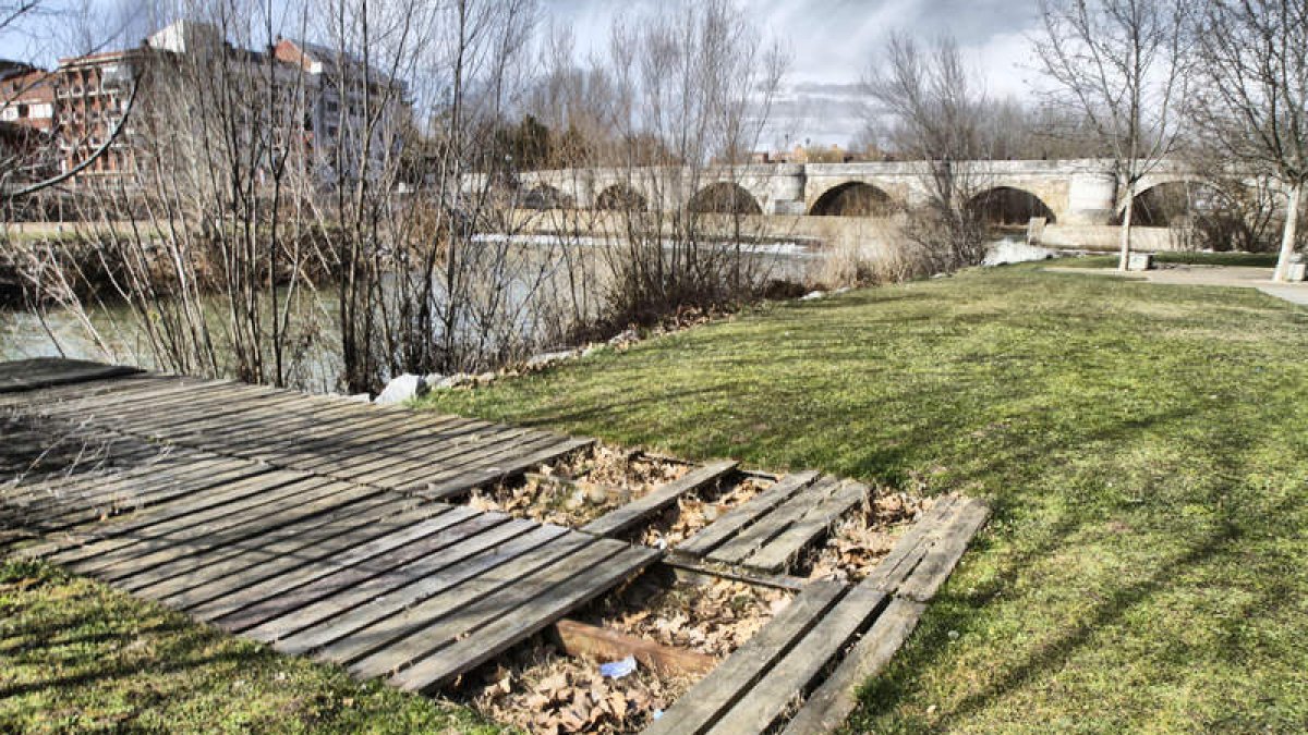 Imagen de esta semana de una de las terrazas sobre el río Bernesga donde se pueden apreciar los daños que sufren.