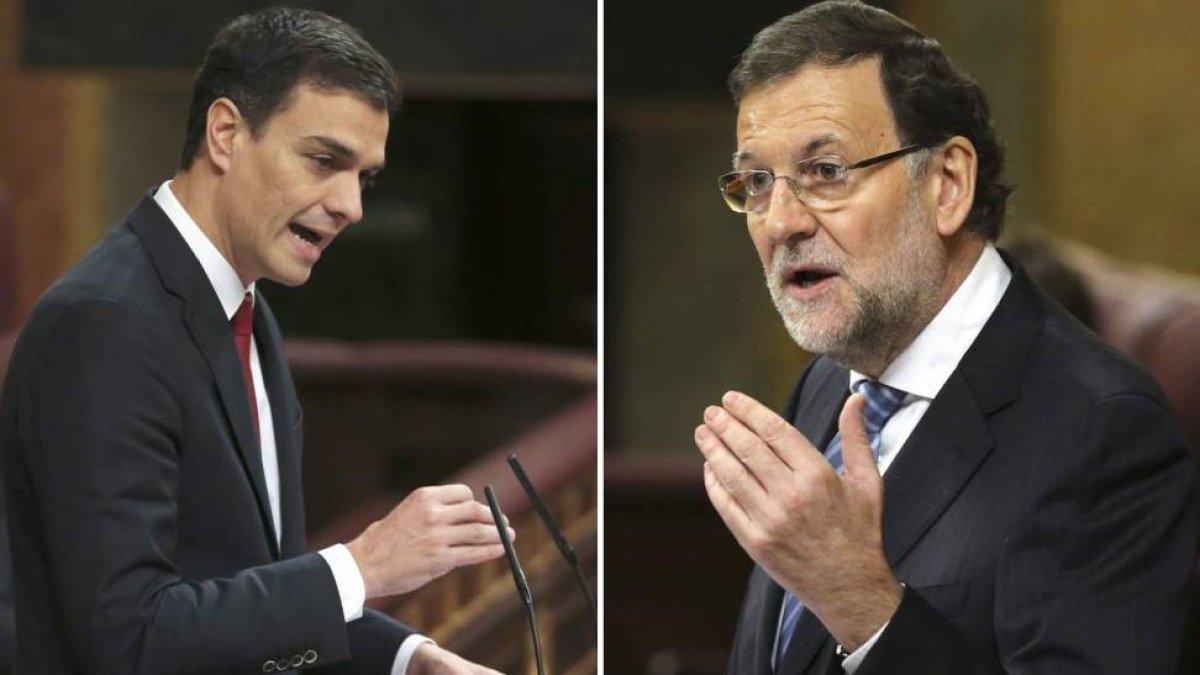 El líder del PSOE, Pedro Sánchez, y el presidente del Gobierno, Mariano Rajoy, durante su intervención en el Congreso.