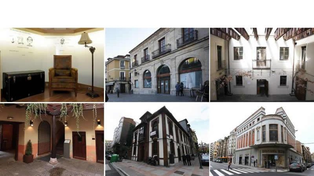 De izquierda a derecha, interior de la Casona de los Pérez, la Casa de las Carnicerías, el patio interior del Palacio de Gaviria, el del Palacio de Jabalquinto, fachada de la casa neomudéjar de la calle San Agustín y el teatro Trianón.