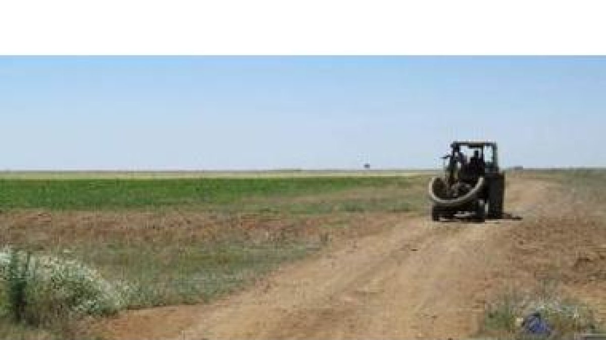 Maquinaria agrícola en una explotación de regadío en precario de la zona sur de León, en el área de